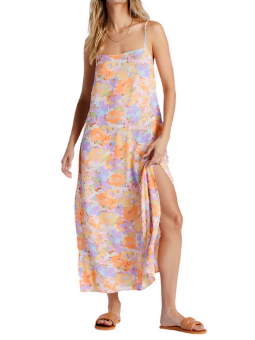 Floral Slip Maxi Dress with Side Slit - Pastel Multi